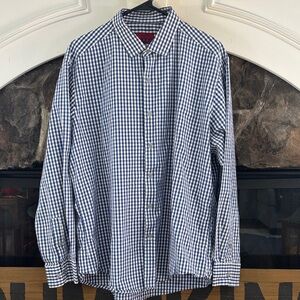 Alfani Navy and White Checkered Button Down Shirt size 17 34-35 XL